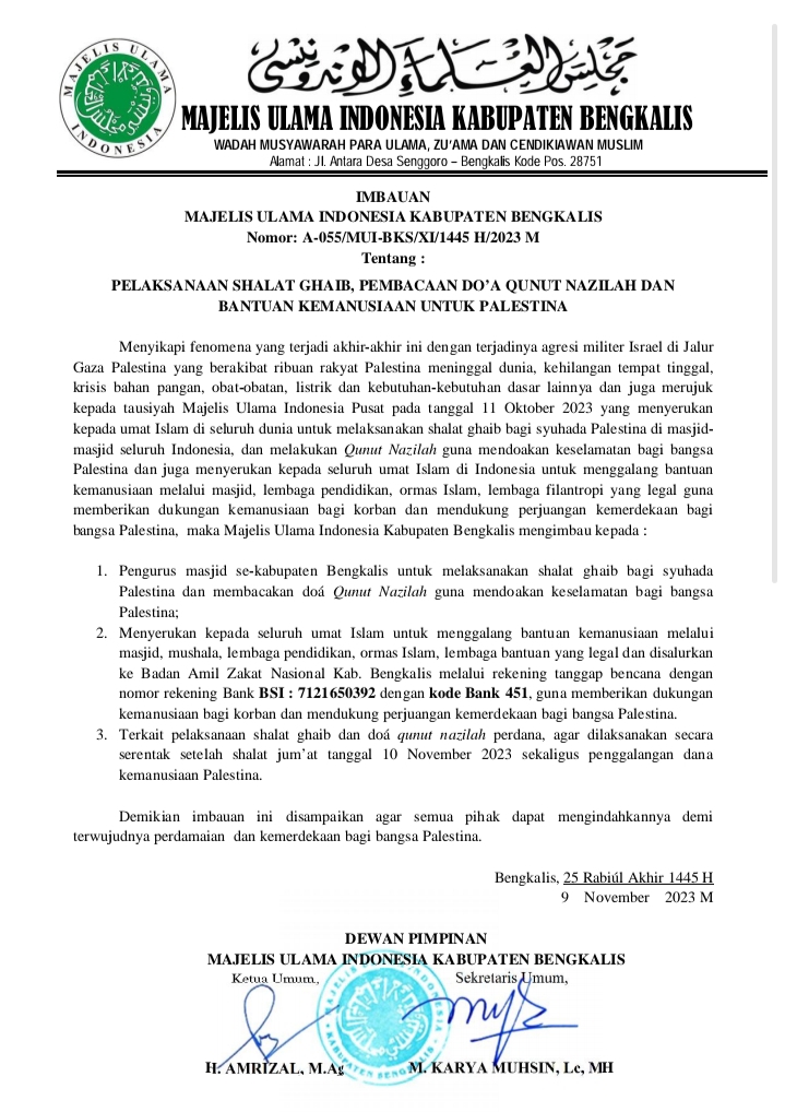 MUI Bengkalis Imbau Umat Muslim Sholat Ghaib Dan Do’a Qunut Nazilah Serentak Besok 10 November 2023 Serta Bantuan Kemanusiaan Untuk Palestina