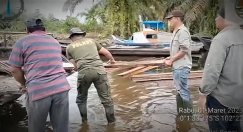 Patroli  di  SM Kerumutan, BBKSDA Temukan 4 Rakit Kayu Hasil Pembalakan Liar di Dermaga Kopau