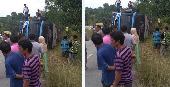NGEBUT LANTAS PECAH BAN, Bus PMH Terbalik di Perawang Barat, Penumpangnya Tewas dan Luka-luka