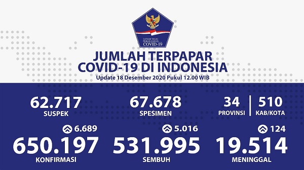 UPDATE 18 DESEMBER 2020: Bertambah 6.689, Kini Ada 650.197 Kasus Covid-19 di Indonesia, Meninggal 19.514 Jiwa