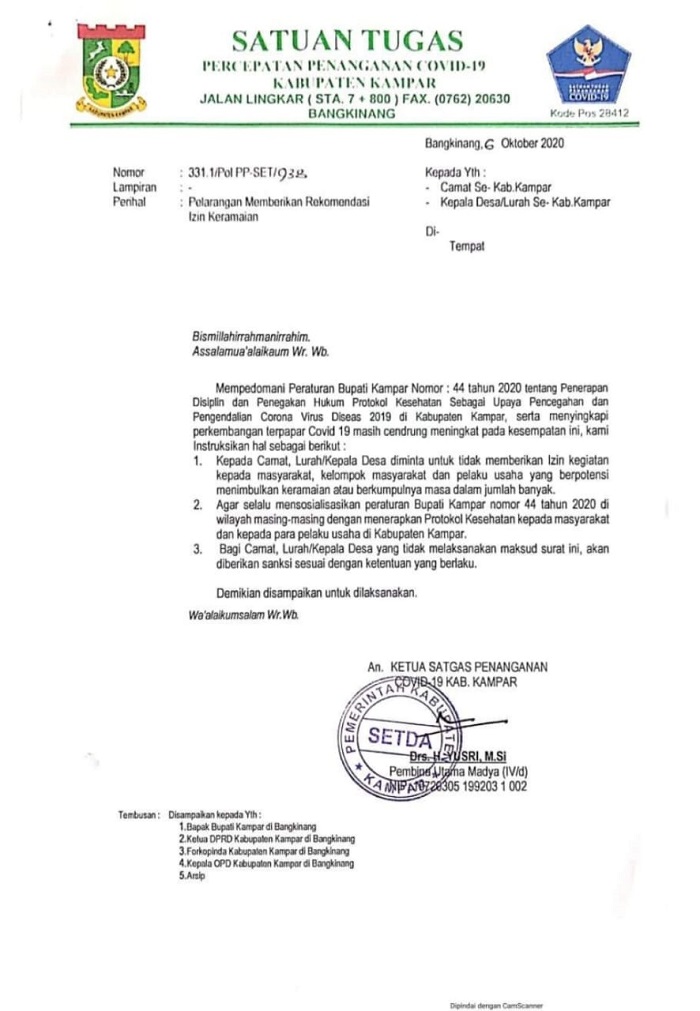 Satgas Covid-19 Kabupaten Kampar Keluarkan Surat Larangan Memberikan Izin Keramaian