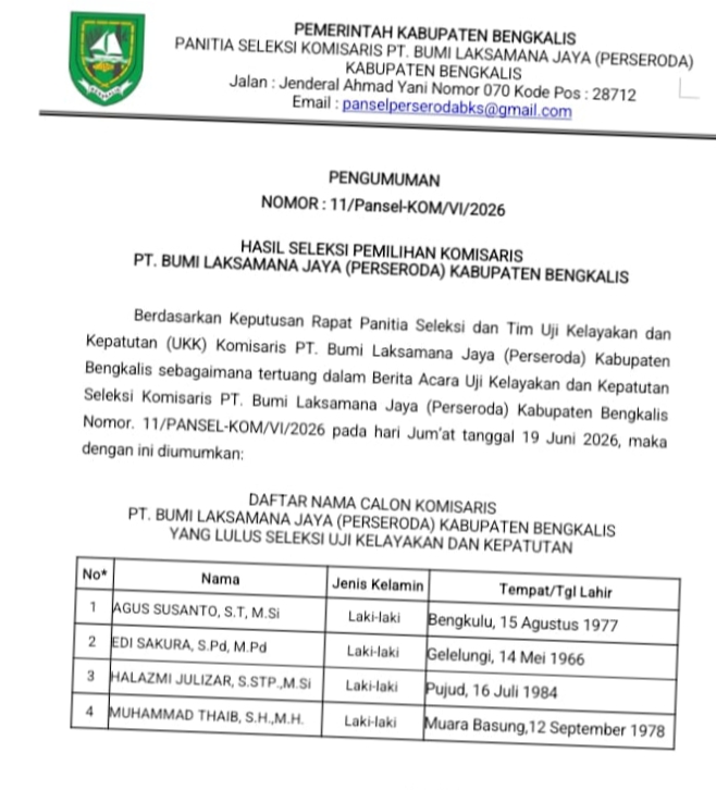 Pengumuman, Hasil lulus seleksi Uji Kelayakan dan Kepatutan Calon Komisaris PT. Bumi Laksamana Jaya Bengkalis
