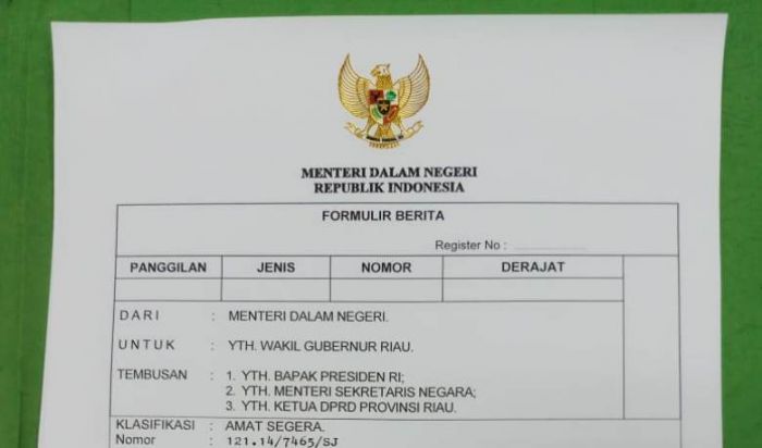 Ini Surat dari Kemendagri Terkait SK Penunjukan Wan Thamrin Hasyim Sebagai Plt Gubernur Riau