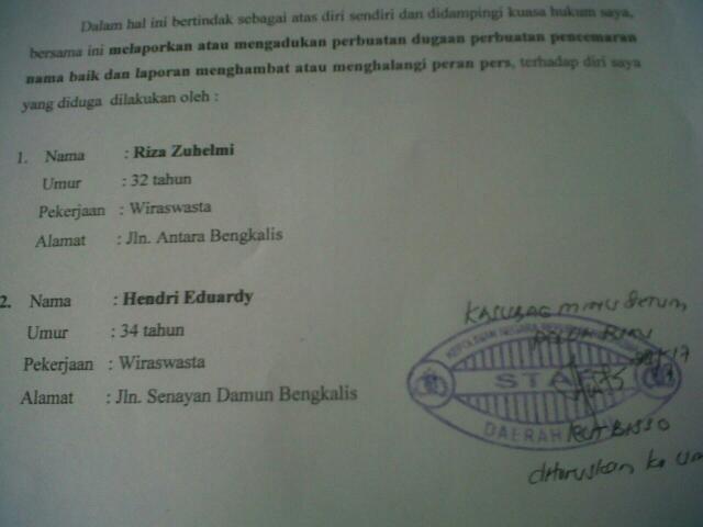 Wartawan Ini Laporkan Oknum Pengurus KNPI Bengkalis ke Polda Riau