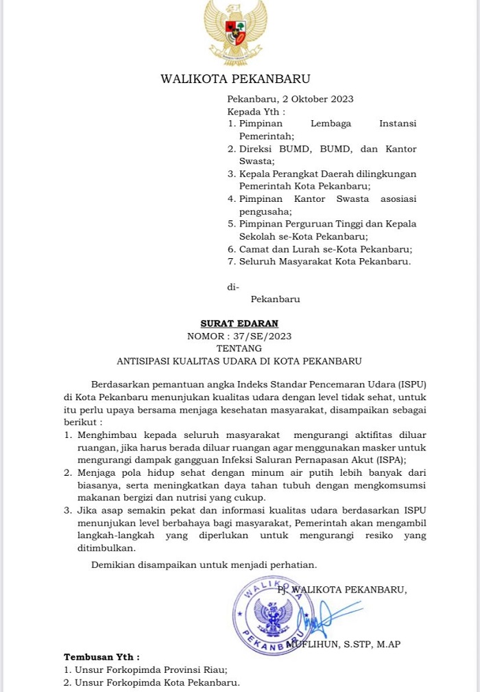 Sikapi Kabut Asap, Pj Wali Kota Pekanbaru Terbitkan Surat Edaran