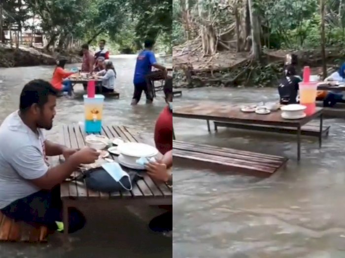 Heboh Tempat Makan Unik di Tengah Derasnya Arus Sungai, Netizen: Gak Takut Buaya?