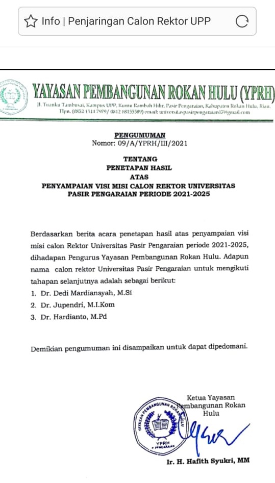 Tiga Doktor, Lulus Seleksi Penyampaian Visi-Misi Calon Rektor UPP-Rohul