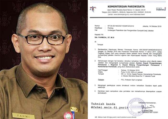 Sudah Izin Gubri, Fahmizal Usman Besok Dilantik sebagai Asisten Deputy Pengembangan Pemasaran Kemenpar RI