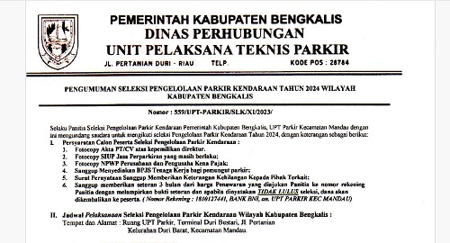 Dishub Bengkalis Umumkan Seleksi Pengelolaan Parkir 2024