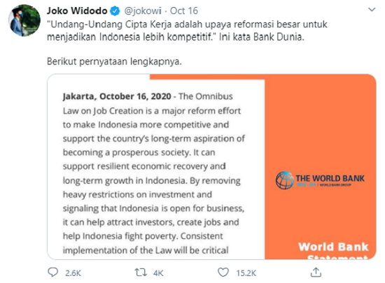 Presiden Jokowi Cuit Dukungan Bank Dunia Terhadap UU Omnibus Law Cipta Kerja