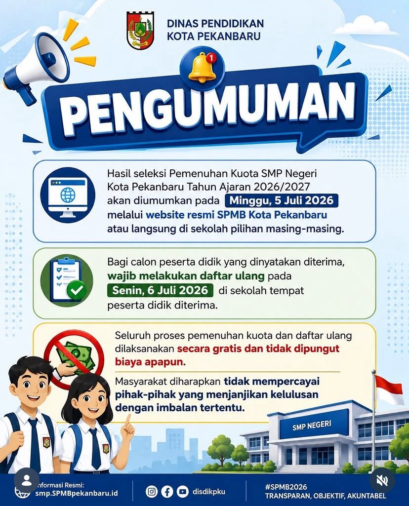 Hari Ini Proses Daftar Ulang SPMB SMP Pekanbaru Dibuka