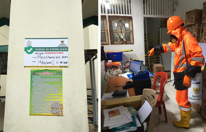 Baznas Pelalawan Lakukan Strialisasi COVID-19 dengan Penyeprotan Cairan Disinfektan