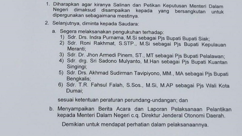 Besok, Enam Penjabat Sementara Kepala Daerah di Riau Dikukuhkan Pj. Gubri