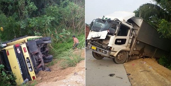 Lakalantas, Colt Diesel dan Mitsubishi Tronton Terguling di Sei Sikijang