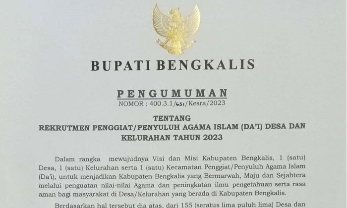 Yuk Daftar... Ini Syarat Untuk Dai Desa dan Kelurahan Di Kabupaten Bengkalis