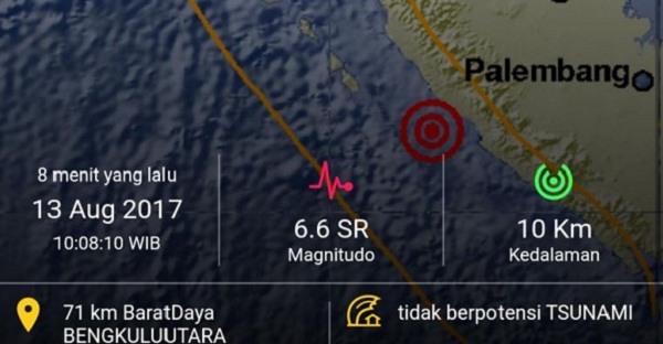 Gempa 6,6 SR di Bengkulu Sebabkan Guncangan di Beberapa Kota di Sumbar