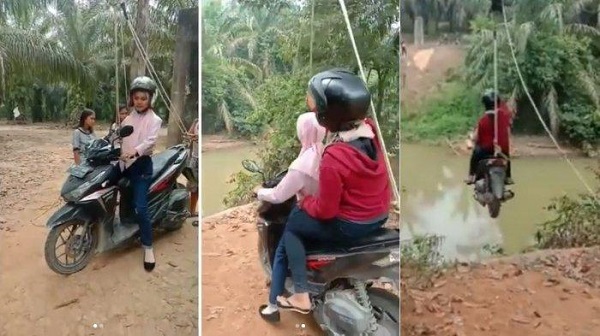 Bukan Flying Fox, Video Dua Wanita Menyeberang Sungai  Pakai Motor Digantung di  Seutas Tali Ternyata Terjadi di Riau