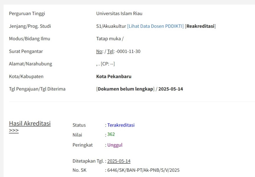 Program Studi Akuakultur FAPERTA UIR Ditetapkan Sebagai Prodi Terakreditasi UNGGUL