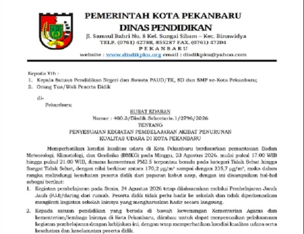 Wali Kota  Pekanbaru  Hentikan Pembelajaran Tatap Muka di Sekolah