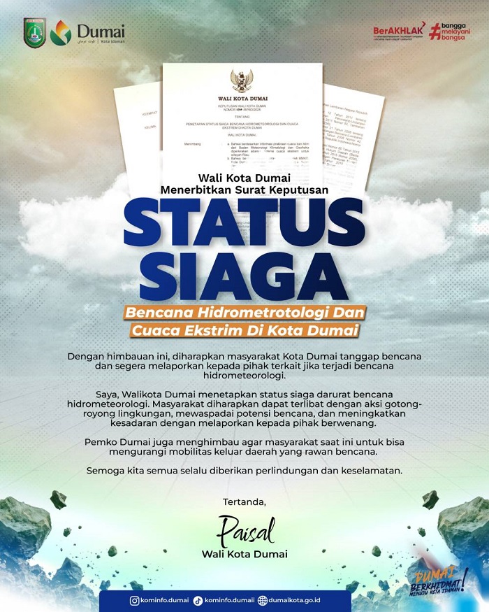 Wali Kota  Tetapkan Status Siaga Bencana Hidrometeorologi di Kota Dumai