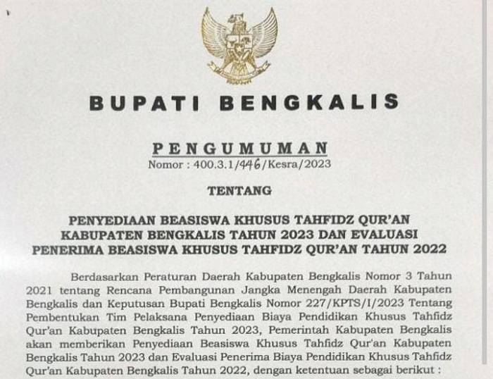 Pemkab Bengkalis Buka Peluang  Beasiswa Bagi  Tahfidz Qur'an