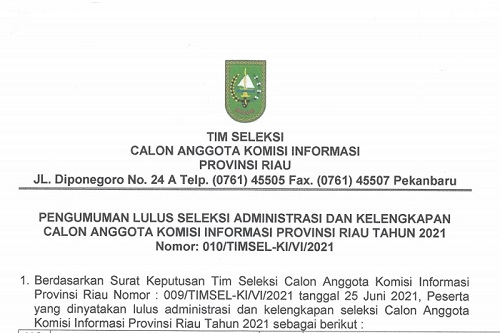Tim Seleksi Umumkan 59 Nama Calon Anggota KI Riau Lulus Administrasi dan Kelengkapan