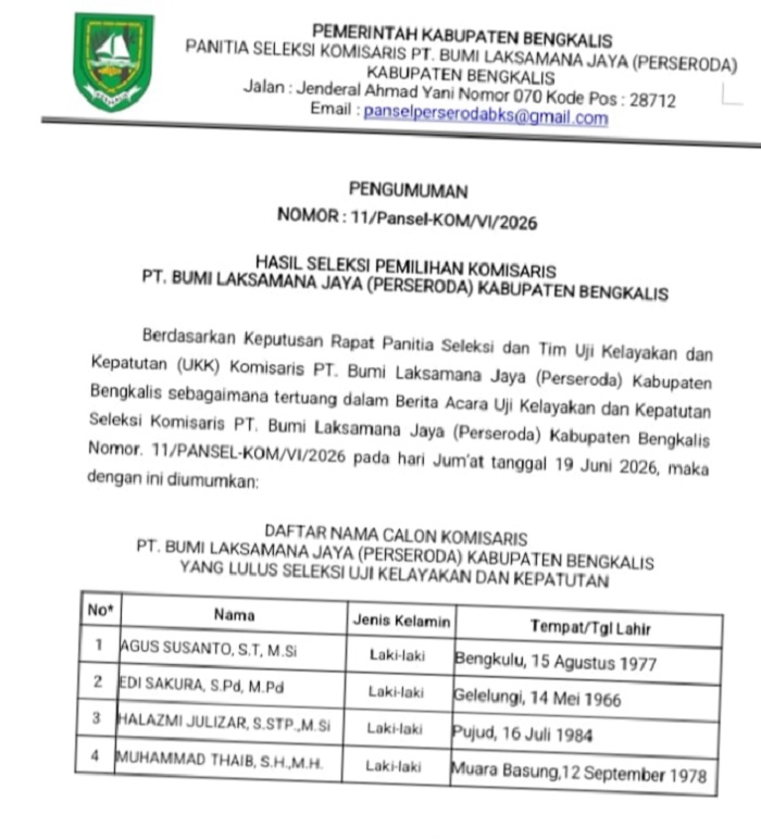 Pansel Umumkan Empat Nama Lolos Seleksi UKK Komisaris Bumi Laksamana Jaya