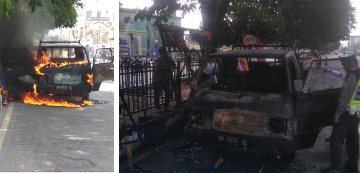 Bawa Papan Bunga, Mobil Pick Up Terbakar di Depan Polres Dumai