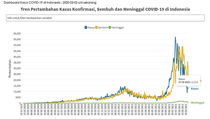 UPDATE 27 Agustus 2021: Turun Drastis, Bertambah 12.618 Kasus Positif, 19.290 Sembuh, 599 Meninggal Dunia