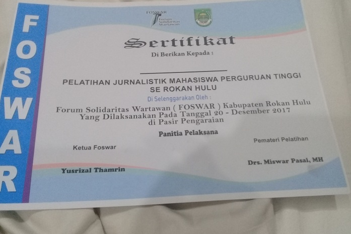 Foswar Taja Pelatihan Jurnalistik untuk Perguruan Tinggi Se-Rohul