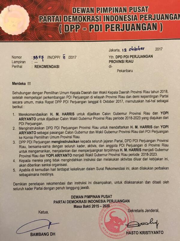 Maju Pilgubri 2018, HM Harris- Yopi Ariyanto Resmi Diusung PDI Perjuangan
