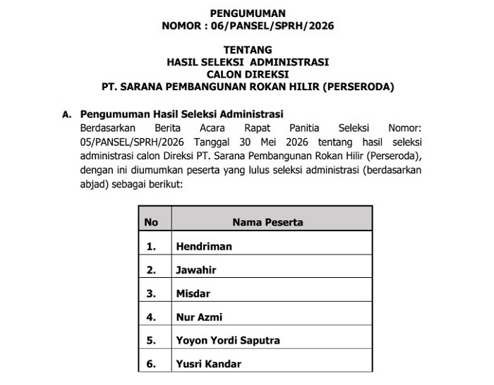 Pansel Umumkan Hasil Seleksi Administrasi Calon Direksi SPRH