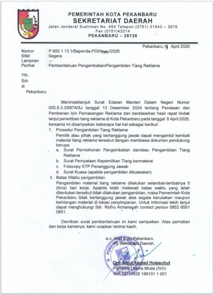 Terbitkan Surat Pemberitahuan Pengambilan Tiang Reklame, Pemko Minta Pemilik Lengkapi Dokumen Kepemilikan