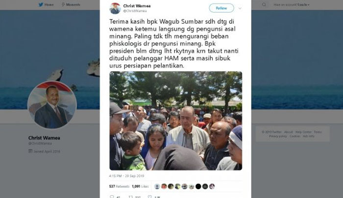 Tokoh Papua Puji Wagub Sumbar yang Datang ke Wamena Lalu Sindir Jokowi, 'Bapak Presiden Belum Lihat Rakyatnya'