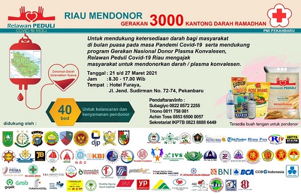 Relawan Peduli Covid-19 Provinsi Riau dan PMI Gelar Gerakan 3.000 Kantong  Darah dan Donor Plasma Konvalesen