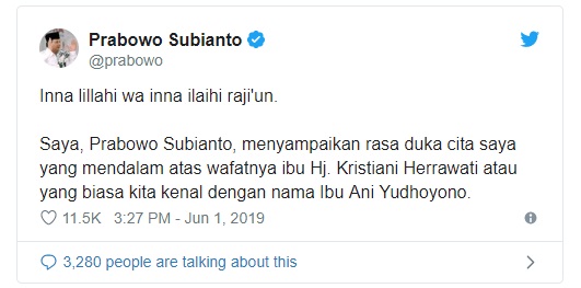 Prabowo Turut Berbelasungkawa Wafatnya Ani Yudhoyono