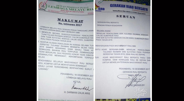 LMR dan GRB Tolak Pasangan Andi Rachman-Suyatno di Pilgub Riau 2018, Benarkah?