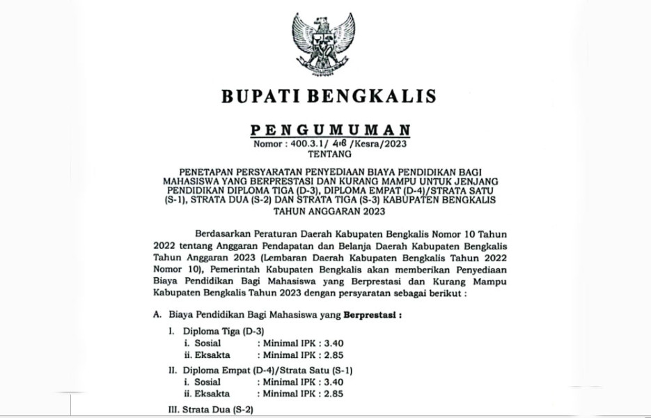 Alhamdulillah Beasiswa Pemkab Bengkalis Telah Dibuka ini Syaratnya...
