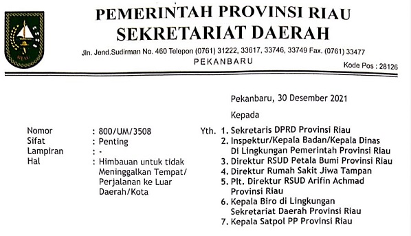Pemprov Riau Larang ASN Bepergian ke Luar Daerah 30-31 Desember 2021