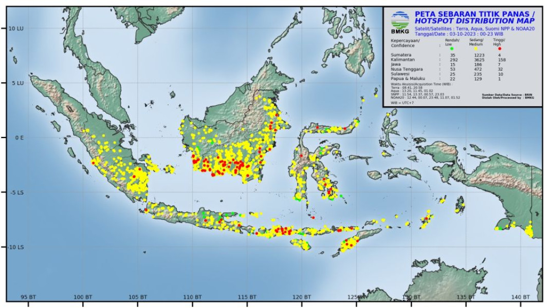 Update Jumlah Titik Panas di Sumatera