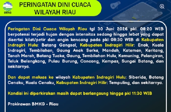 BMKG Rilis Peringatan Dini Potensi Hujan Lebat di Inhil dan Inhu Pagi Ini