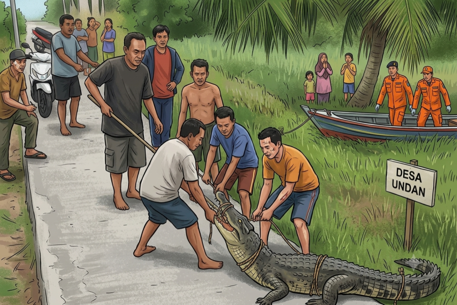 Teror Buaya Muara di Desa Undan Inhil: Naik ke Darat dan Mengamuk Kejar Warga