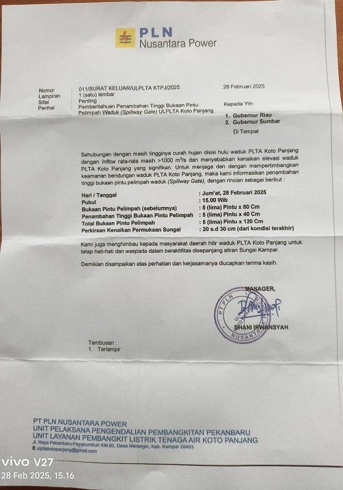 PLTA Koto Panjang Tambah tinggi Bukaan Pintu Pelimpah Waduk
