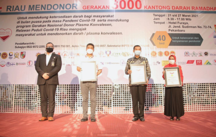 Target 3.000, 'Riau Mendonor' Sukses Kumpulkan 4.435  Kantong Darah, Langsung Terima Rekor MURI