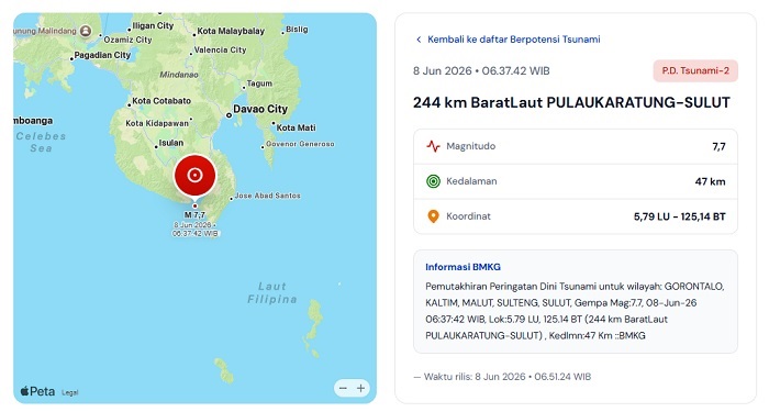 Gempa M 7,7 Guncang Barat Laut Mindanao Filipina, Potensi Tsunami di Beberapa Wilayah Indonesia