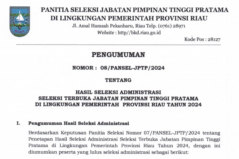 Berikut Nama  Peserta Asesmen Eselon II Pemprov Riau dan Formasi Jabatan yang Diikuti
