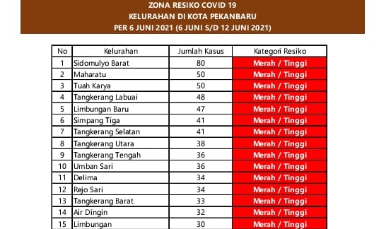 44 Kelurahan di Pekanbaru Masih Zona Merah