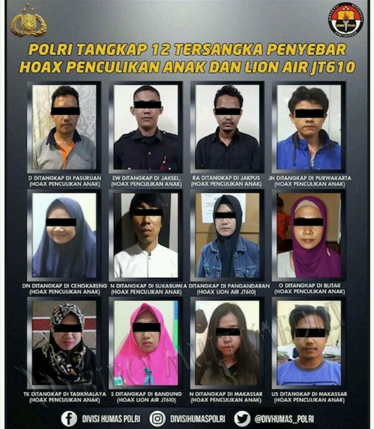 TERCYDUK...Ini Daftar 12 Penyebar Hoax Lion Air dan Penculikan Anak yang Diamankan Polisi 