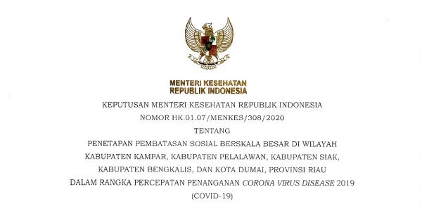 Menteri Kesehatan Setujui Pemberlakuan PSBB di Lima Kabupaten dan Kota di Riau