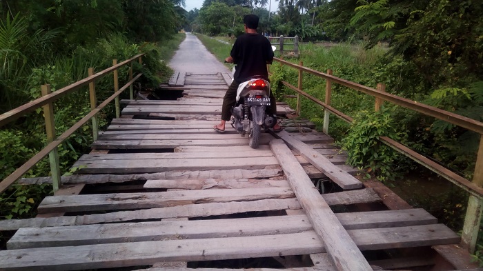 MIRIS...Begini Kondisi Jembatan Penghubung Desa Pematangguntung - Sukajadi di Inhil, yang Lewat Harus Hati-hati